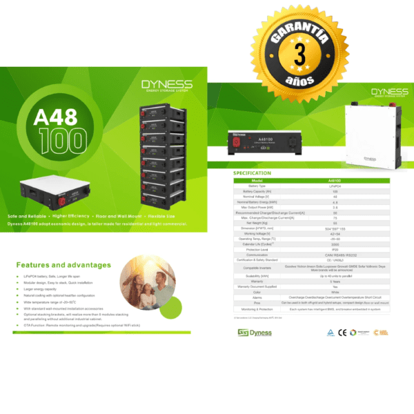 Batería Litio 100A 48V Dyness: Energía confiable y eficiente para tus proyectos solares.Compatible con mas del 75% de los inverores del mercado.