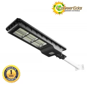 Lámpara Solar Exterior 120W Cuenta con sensor de movimiento y control remoto, y está diseñada para ser instalada en poste o pared.